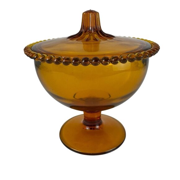 Indiana Glass Amber Vintage 60s Retro Beaded Edge Compote Lid Covered Candy Dish - Picture 5 of 11